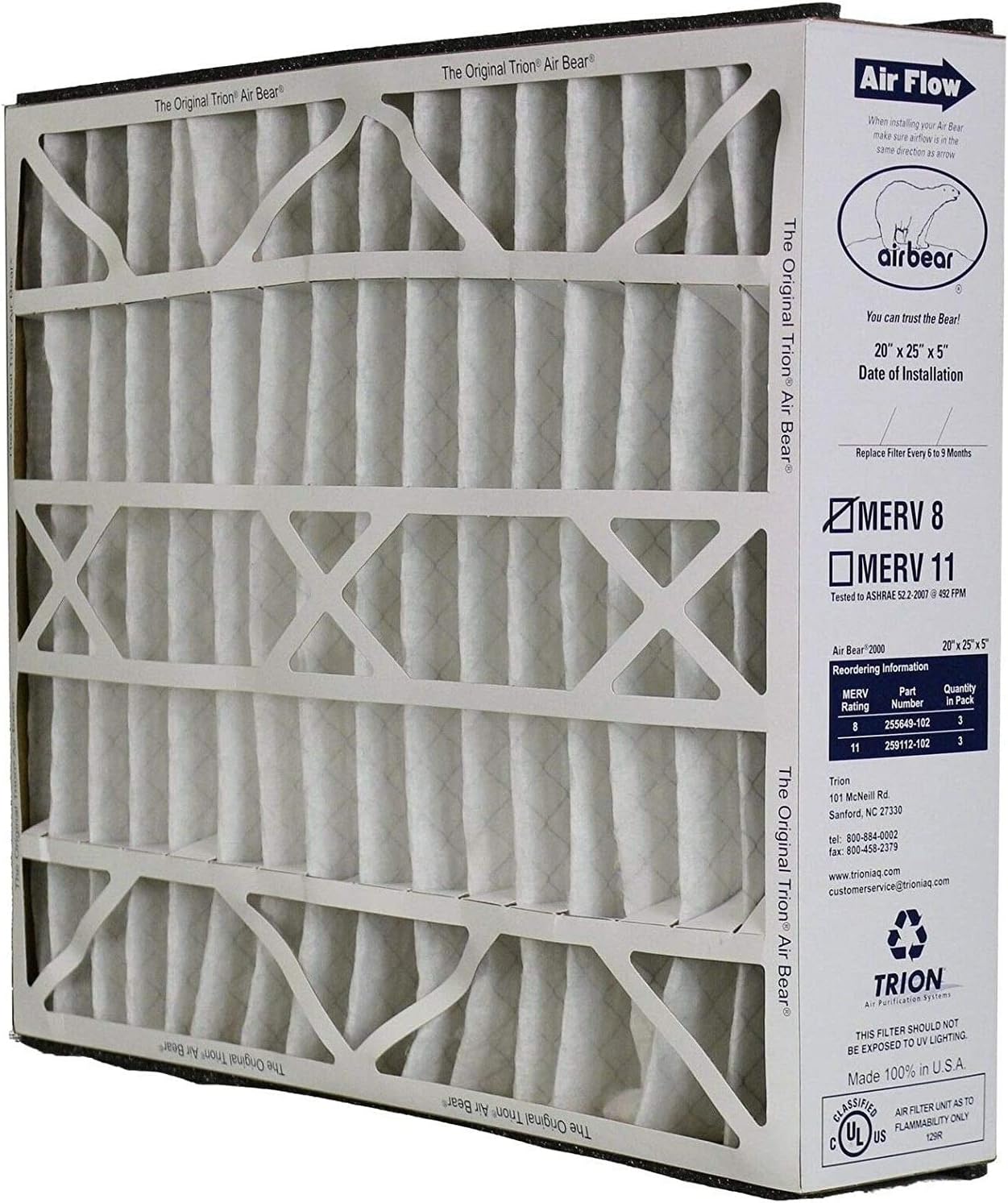 Trion 255649-102 Air Bear 20 x 25 x 5 Inch MERV 8 High Performance Air Purifier Filter Replacement for Air Bear Supreme, Right Angle, and Cub Air Cleaner Purification Systems (1 Pack)