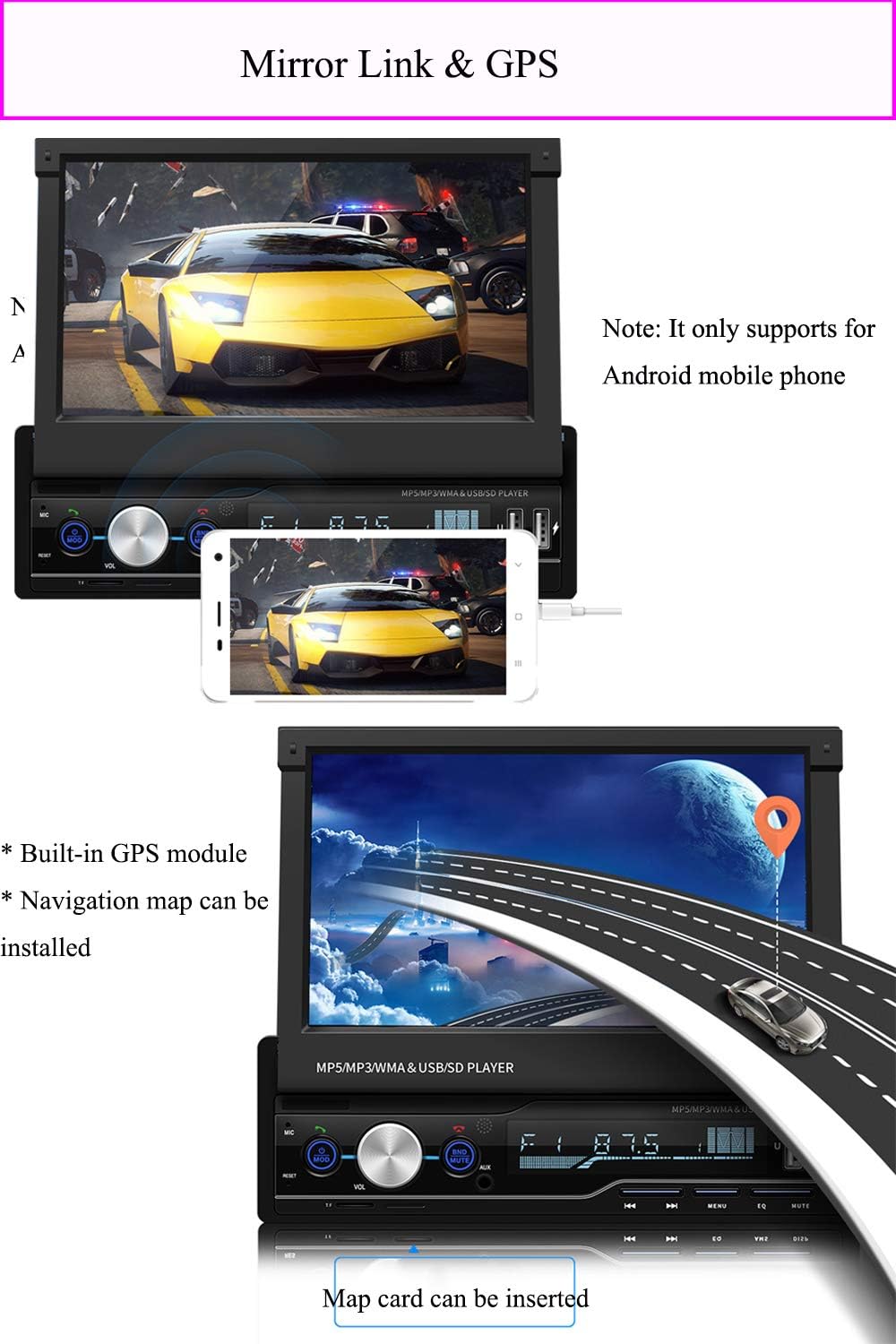 Image showing Mirror Link functionality and GPS navigation on the car stereo
