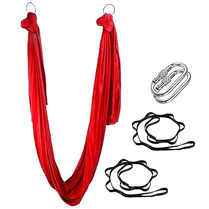 The Yogis Aerial Yoga Hammock Aerial Lycra Yoga Swing for Antigravity Yoga, Inversion Exercises, Improved Flexibility & Core Strength - Extension Straps, Carabiners (Red)