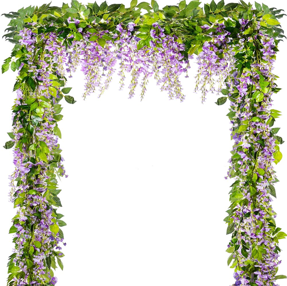 Wisteria Garland 5pcs Artificial Flowers Garland Wisteria Vine Artificial Hanging Flowers Plants Greenery Fake Leaf Garland for Wedding Kitchen Home Party Decor(Plurple)