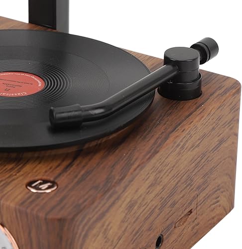 Miniatura 9 de Tocadiscos vintage, tocadiscos portátil de grano de madera con cuerno de cobre, función de radio FM, altavoz Bluetooth compacto, para