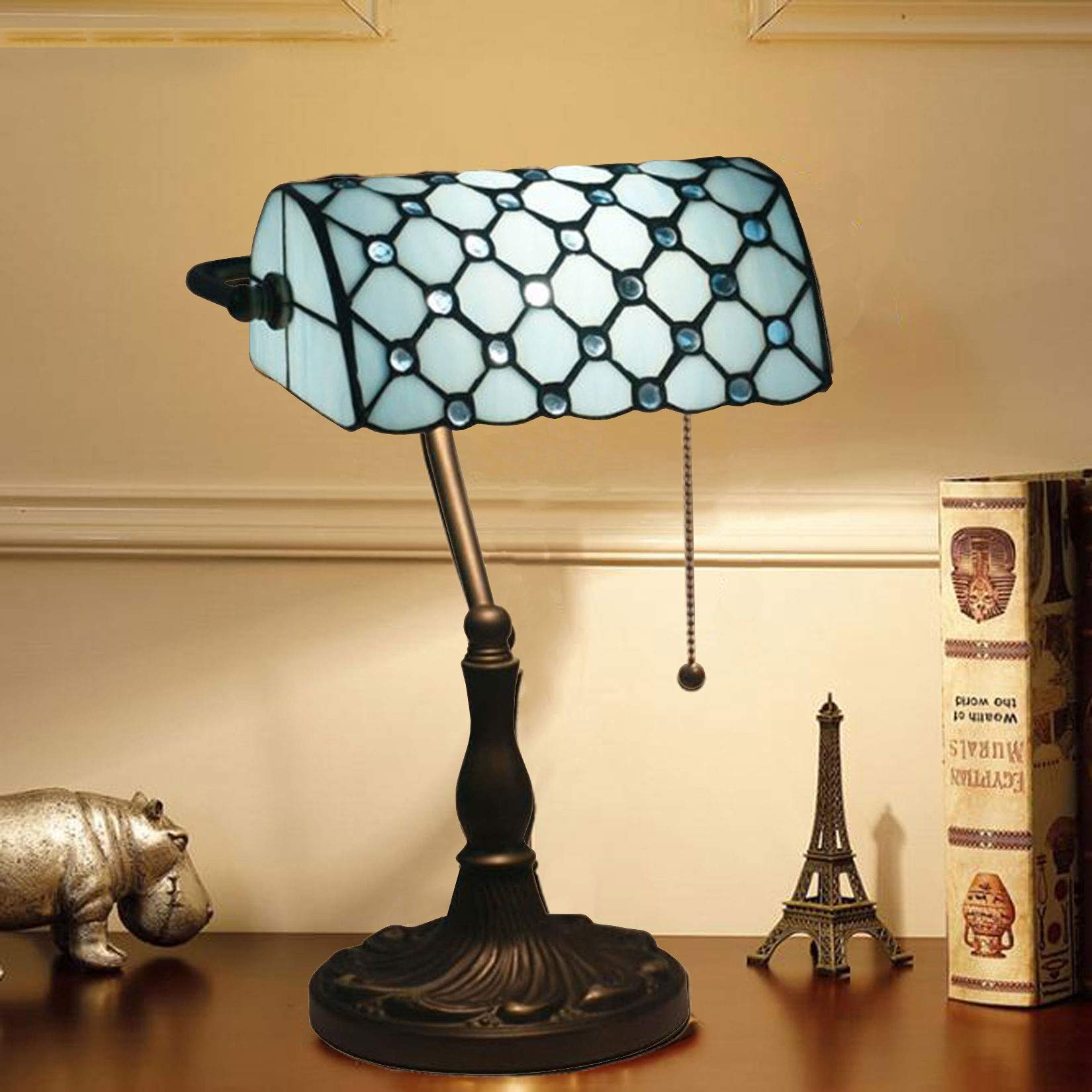 Lampa bankierska z witrażowym abażurem 25 cm z kryształowymi koralikami, lampa biurkowa w stylu vintage, do czytania, pracy, ręcznie robiony prezent, zielona niespodzianka (niebieska)