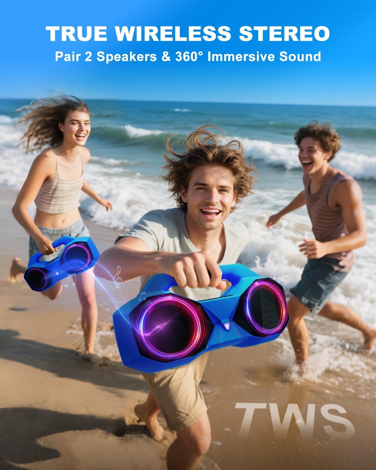 Bluetooth Speaker 80W(Peak)Loud with Bass, 20H Playtime, IPX7 Waterproof, RGB Lights, TWS, Large Portable Wireless Speakers for Outdoor, Home, Party, Pool, Beach, Tailgating, Gym, Work, Gifts (Blue) - Image 7