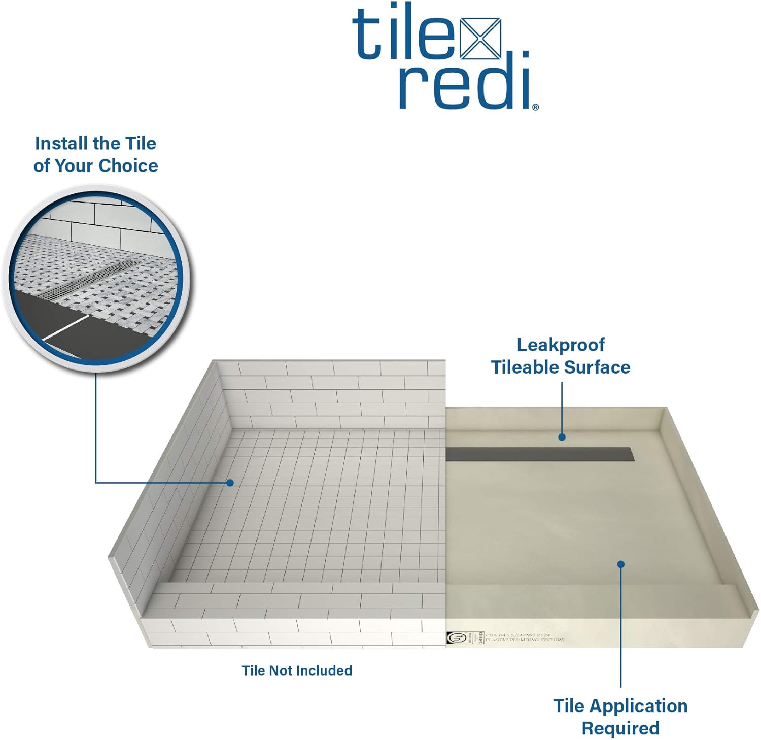 Tile Redi RT3260L-PVC-TBN Shower Pan with Left Drain- Single Curb Shower Base, 2" PVC Drain, and Grate Included, 60" Width x 32" Depth