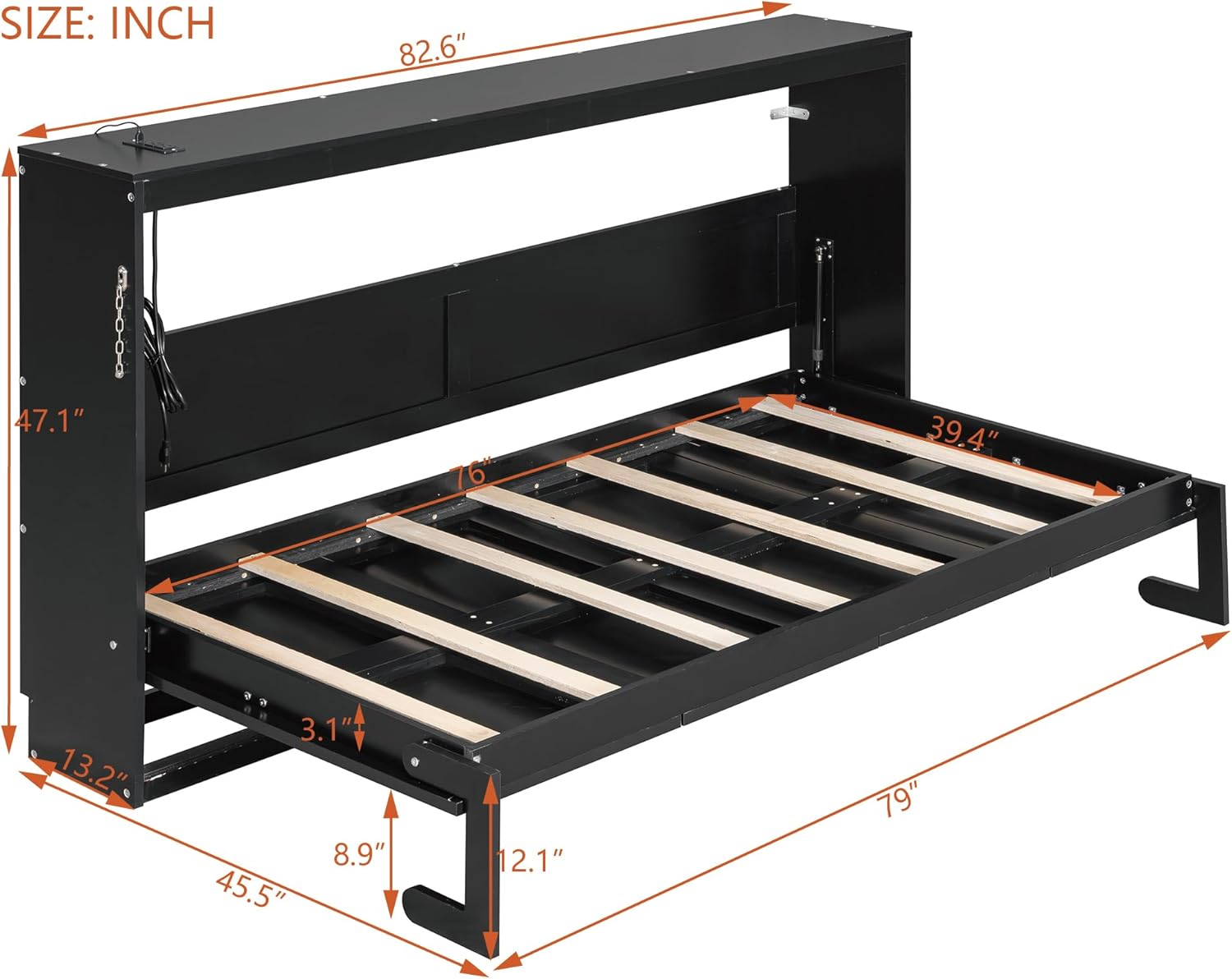 Merax Twin Size Murphy Bed, Side-Folding Murphy Bed with Trendy Printed Pattern, LED Under-Bed Lighting & Built-in USB Outlet, Black