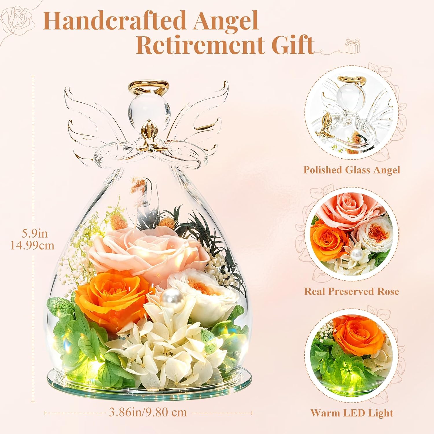 Ecloverlife Retirement Gift for Women, Preserved Real Rose, Eternal Rose Glass Angel Figurine, Retirement Gift for Women, Coworker, Wife, Teacher, Female Friend