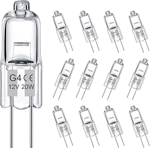 DUMILOO Bombilla G4, bombillas halógenas de 12 V 20 W, 2 pines, paquete de 12 bombillas G4 de repuesto para luz de disco debajo del gabinete,