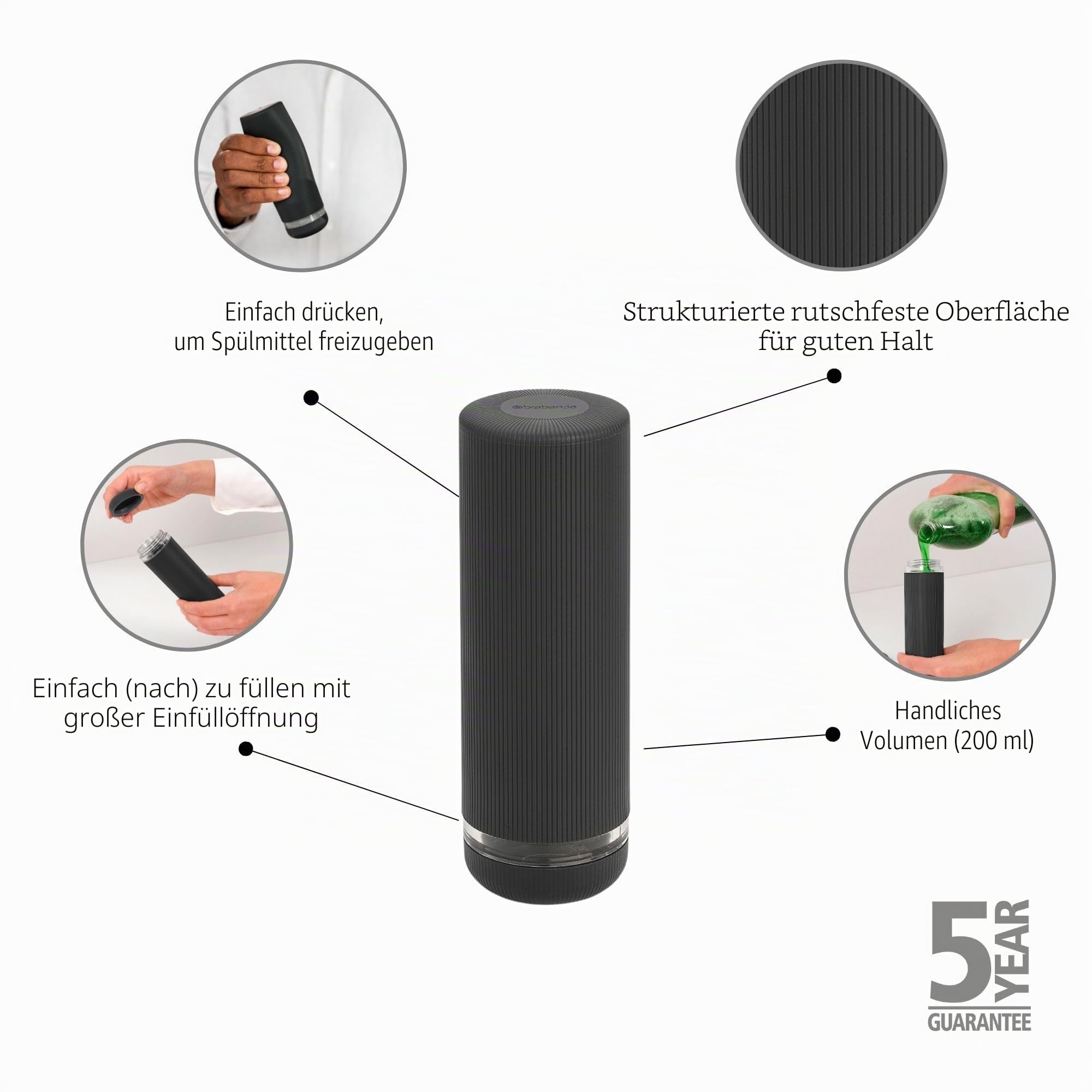 Brabantia SinkStyle Seifenspender - Tropfsicherer Spender für Spülmittel - Zubehör mit Einfachem Nachfüllen, Strukturierte, rutschfeste Oberfläche - Dunkelgrau, 200 ml