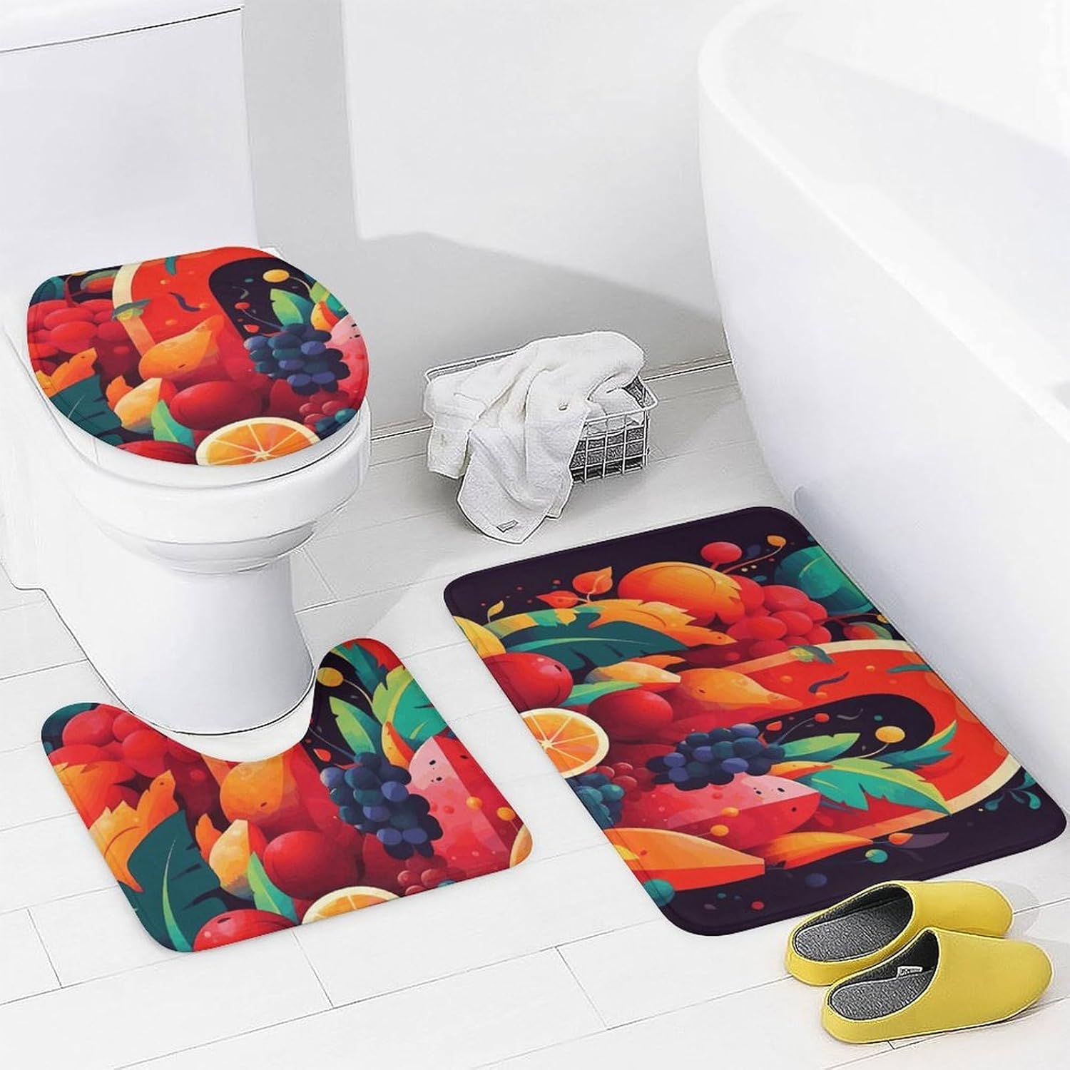 Colorful Fruits and Vegetables Shower Curtains Set 4 Piece with Non-Slip Rugs, Toilet Lid Cover and Bath Mat Soft Bathroom Carpet Waterproof Bathroom Curtain with 12 Hooks for Bathroom Decor