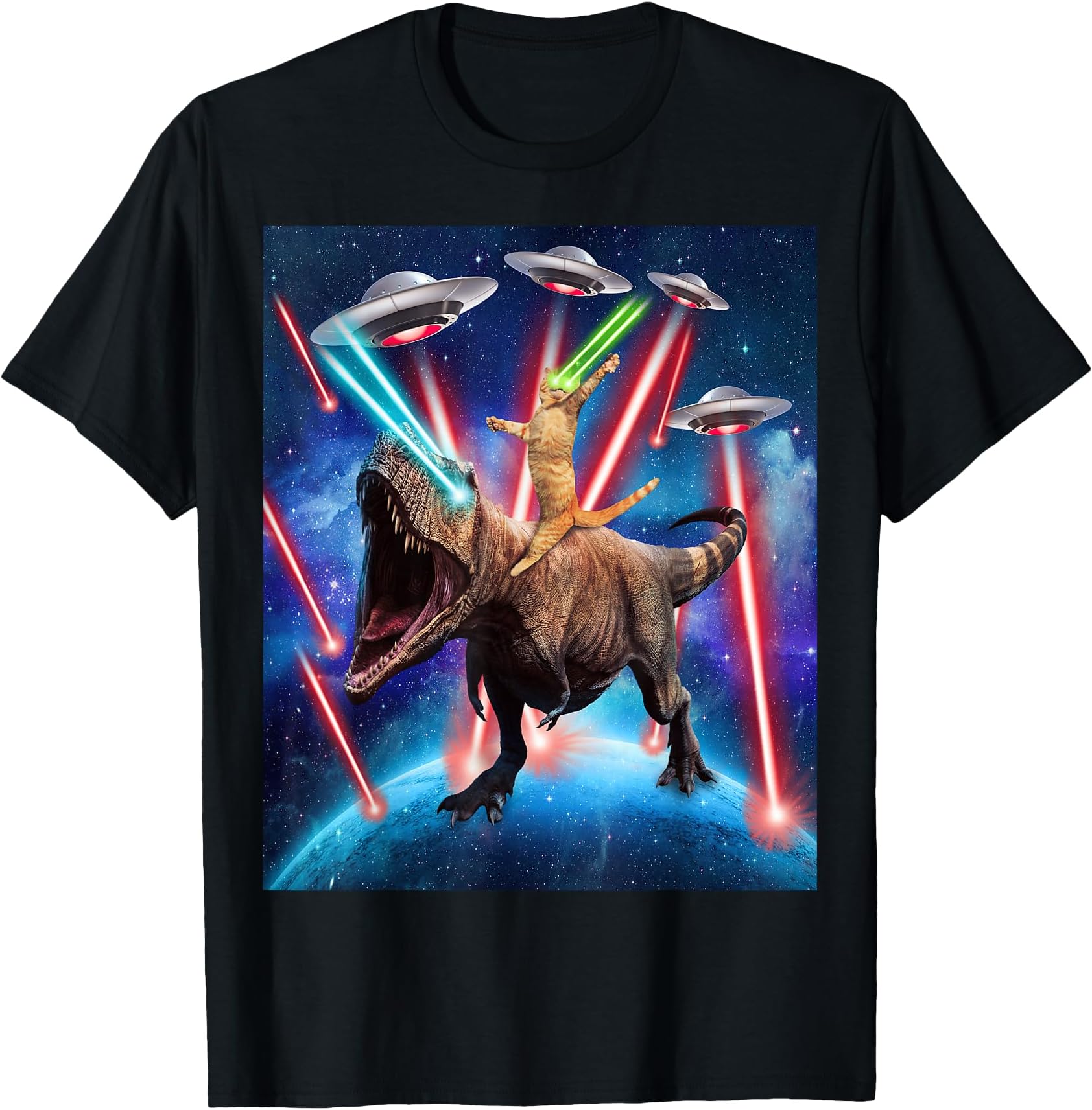 Space Cat Riding Dinosaur T rex Laser Eyes UFO Funny Cat T-Shirt