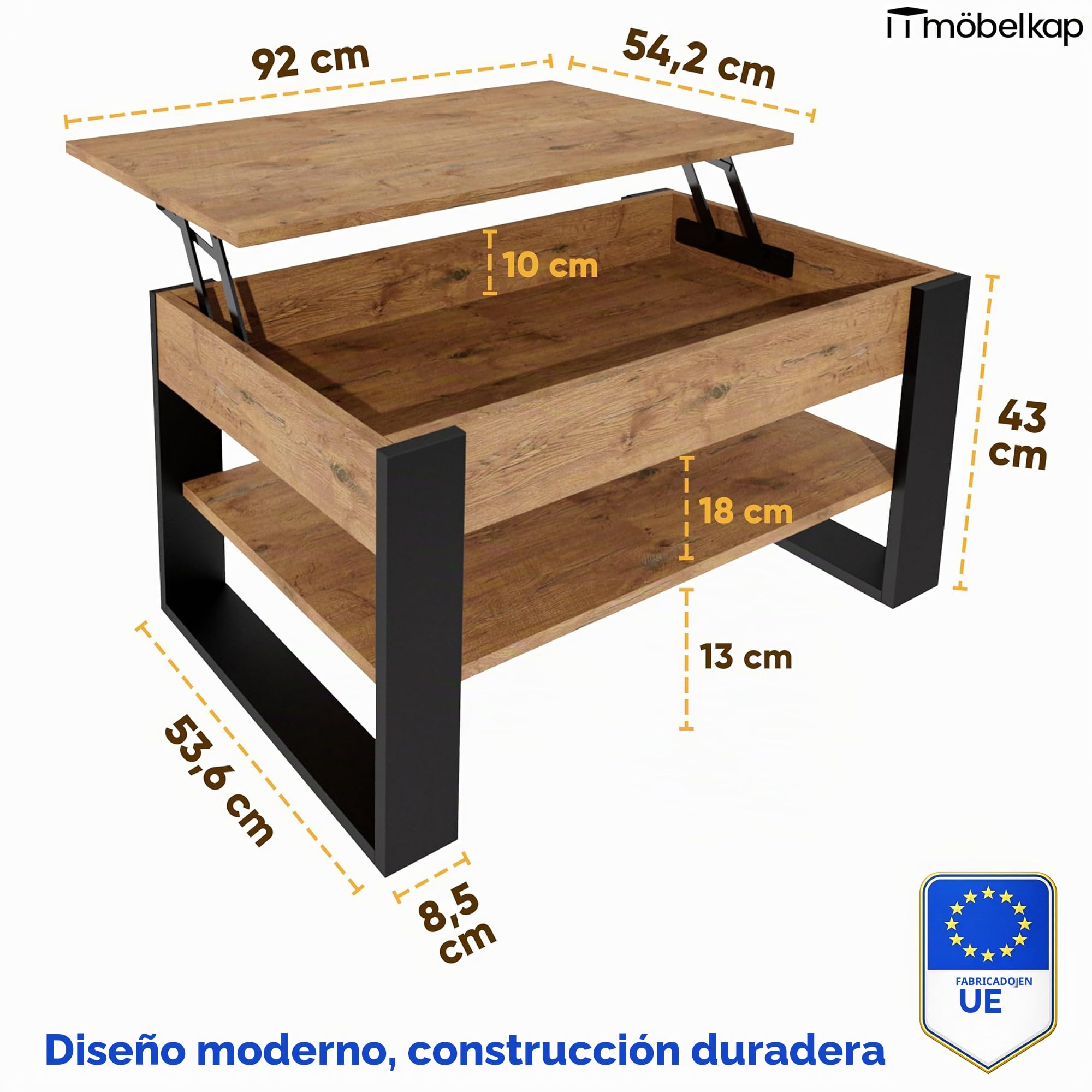 Mesa de Centro elevable | Mesa de salón Regulable con Almacenamiento | Roble Lancelot Negro con Estante y Compartimento Oculto