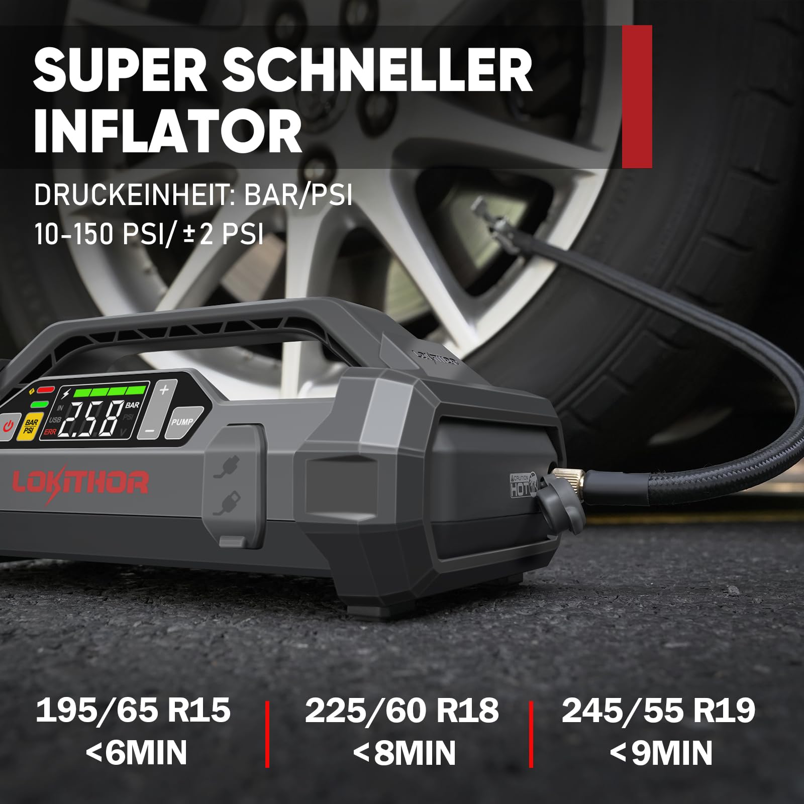 LOKITHOR JA300 Starthilfe Powerbank mit Kompressor, 1500A 12V Autobatterie-Booster 18000 mAh Jump Starter mit Luftpumpe für bis zu 7,0L Benzin oder 4,5L Diesel 150 PSI Reifenfüller mit Digitalanzeige