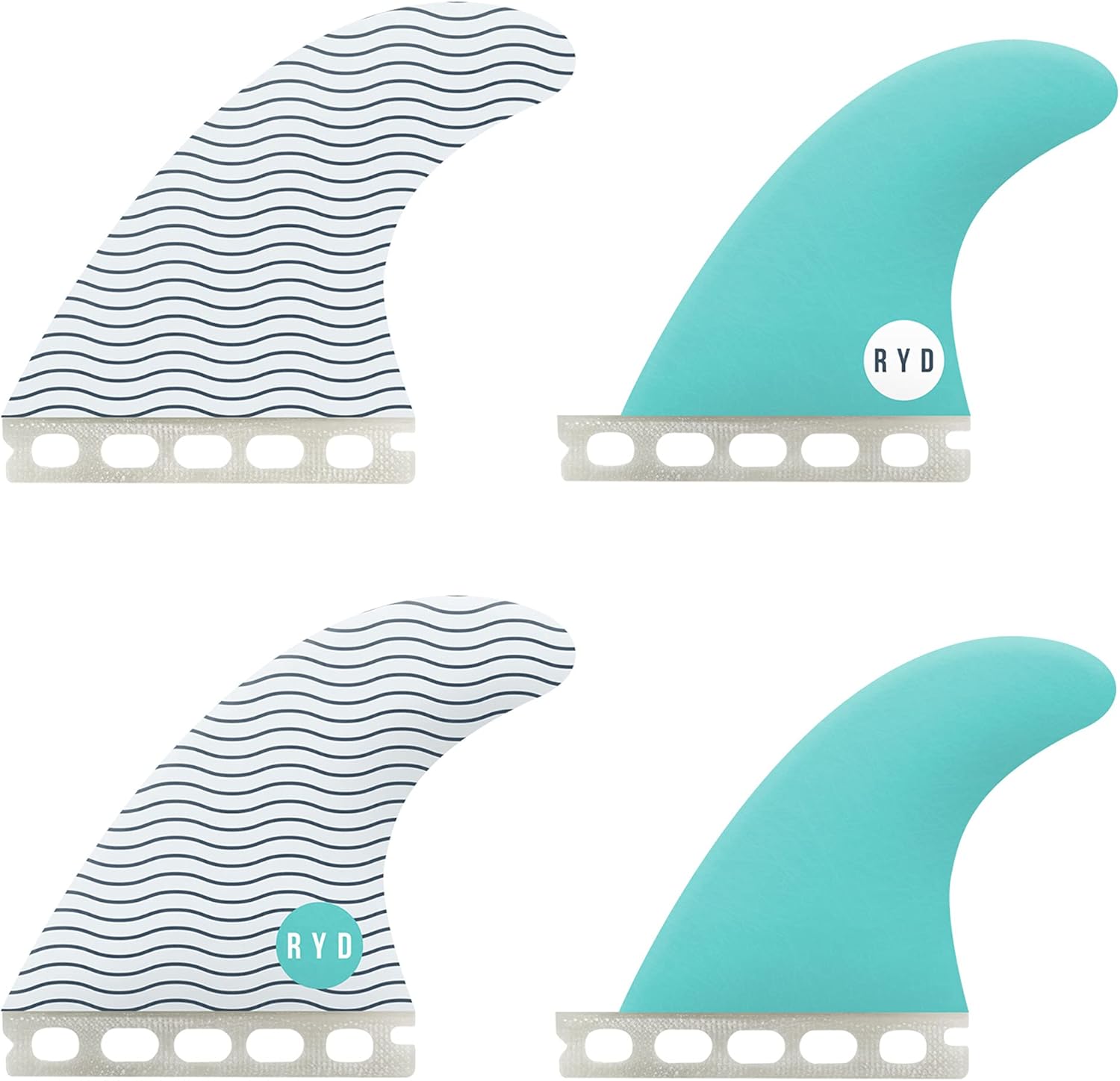 Ride Surf Quad FN21520105 Finns, Set of 4, Futures Compatible/FCS Compatible, 2 Types, Honeycomb Structure, Lightweight, Firm, Fiberglass Material, White/Aqua/Deep Blue