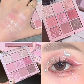 9 Colour Pink Eyeshadow Palette, Matte Shimmer Sparkle Eye Makeup for Women