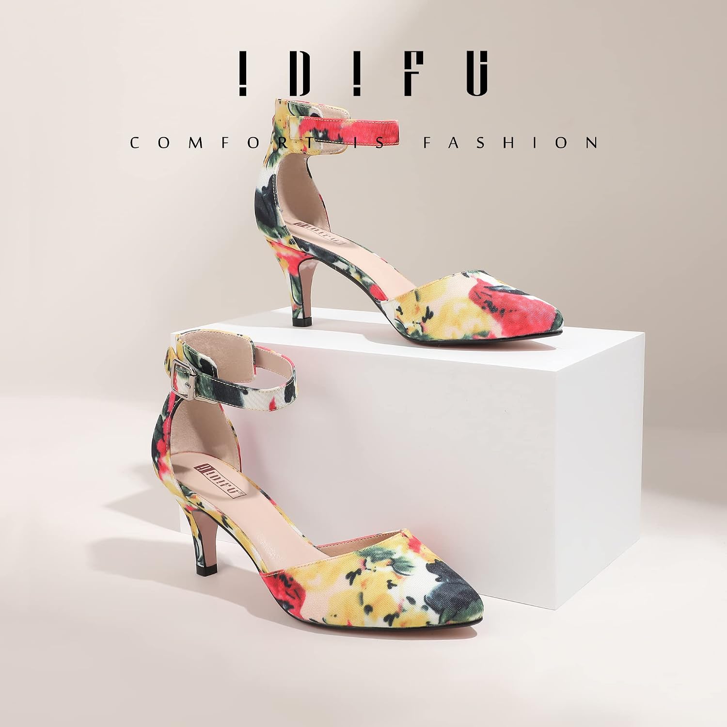 IDIFU Women's IN3 D'Orsay Pumps Low Kitten Heels for Women Dress Shoes Pointed Closed Toe Wedding Bride Ankle Strap Dressy Silver Black Nude White Gold Heels for Women