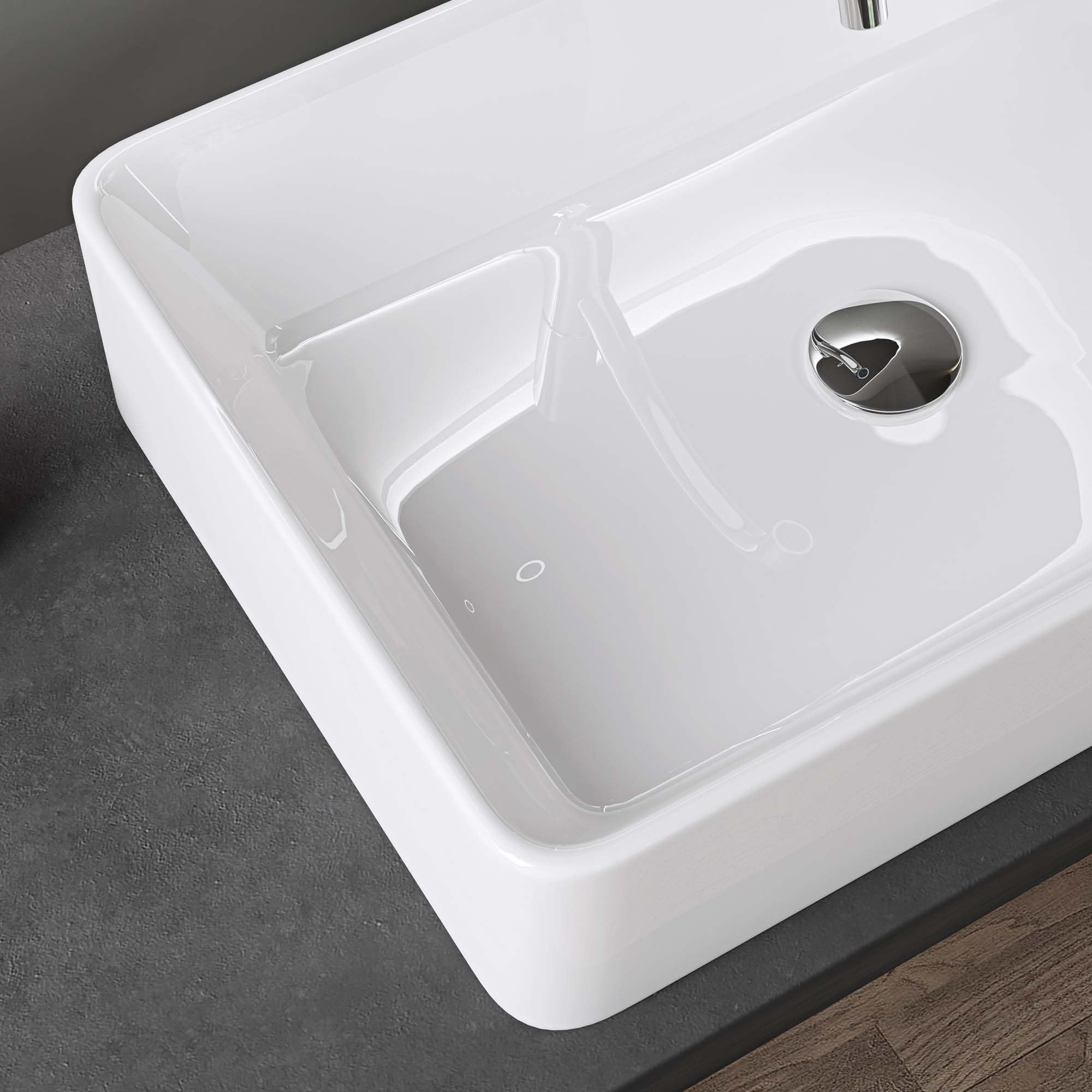 doporro Lavabo Bagno Rettangolare Lavabo da Appoggio in Ceramica Lavandino con Bordo Sottile 58x37x13,5 cm Bianco Lucido Lavamani Lavello senza Foro Rubinetto per Guardaroba Bagno Brüssel105D