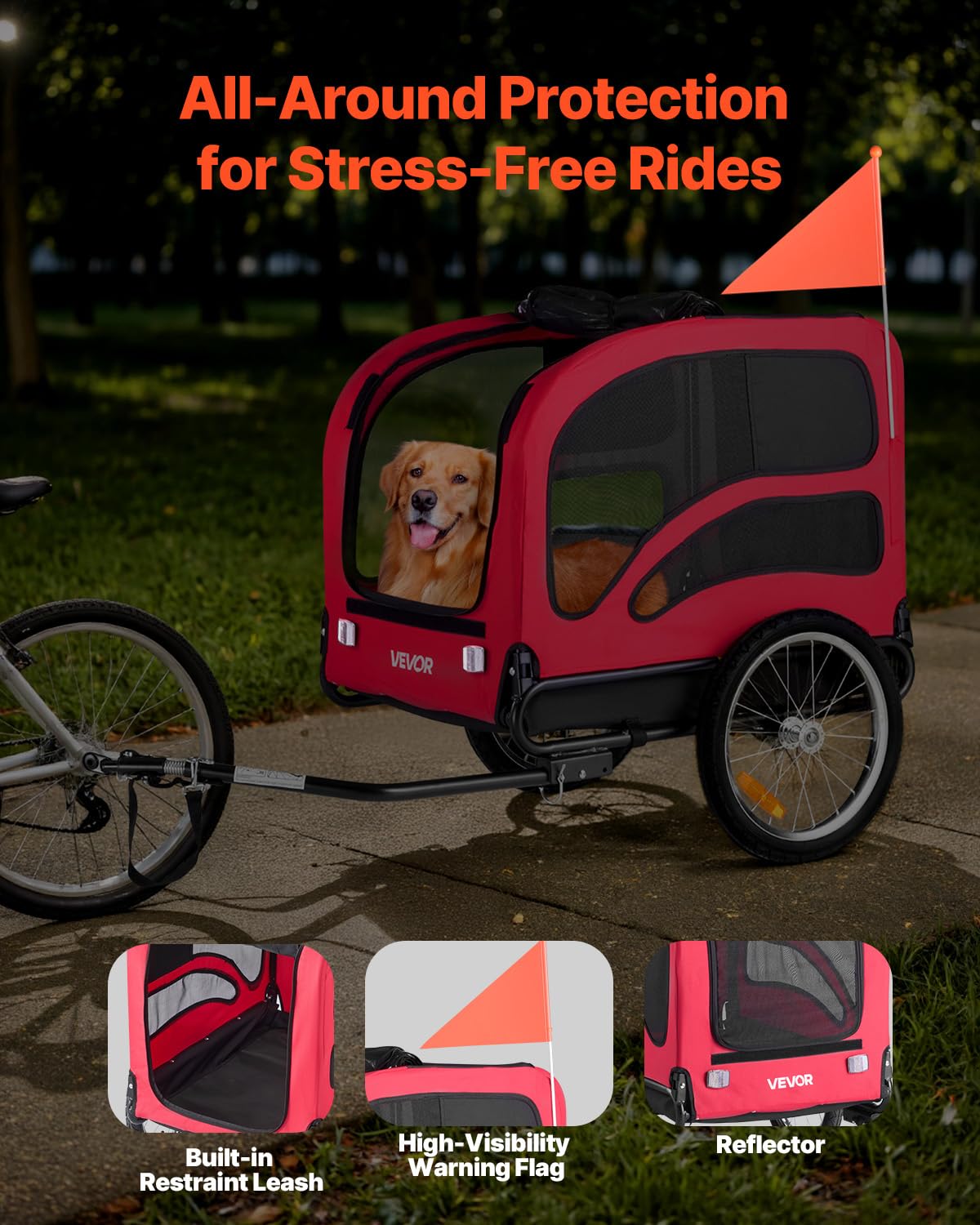 VEVOR Rimorchio per Bici per Cani, Supporta Fino a 45 kg, Carrello Portabici, Telaio Pieghevole con Ruota a Sgancio Rapido, Attacco Universale per Bicicletta, Riflettore, Bandiera Guinzaglio Interno