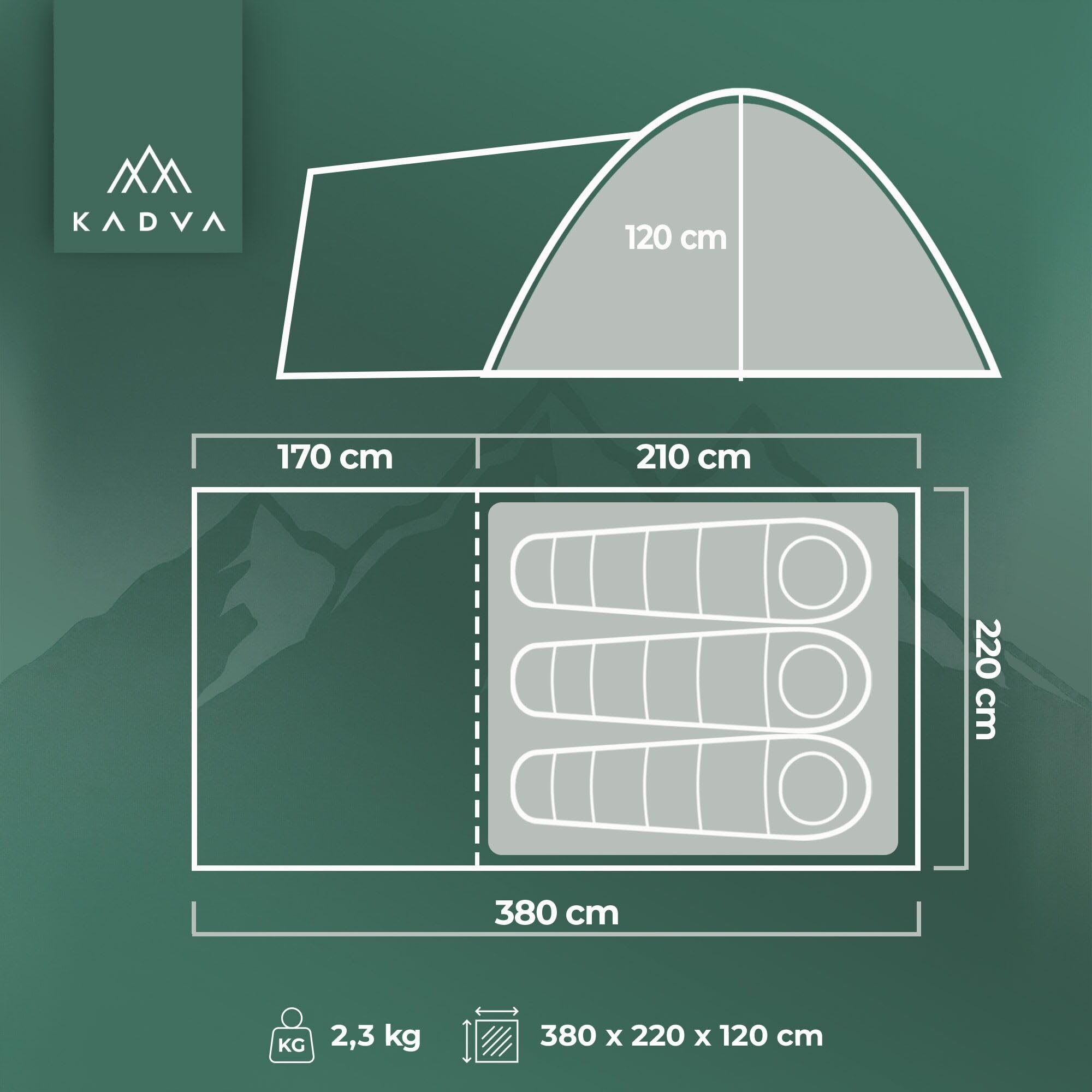 KADVA Namiot Kavio 3 | namiot 3-osobowy | wodoszczelny 3000 mm | z moskitierą i apsydą | szybki montaż | rama wewnętrzna | lekki (4,5 kg) kompaktowy (55 x 22 cm) | idealny na kemping i do namiotów | Wodoodporny, poliester, ochrona przed owadami wejście do