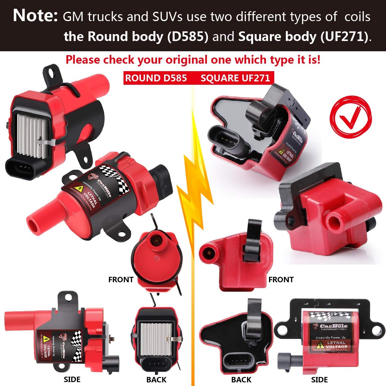 CarBole 8Pcs Ignition Coil Pack + 8Pcs 8mm Spark Plug Wire Fit For Cadillac Escalade, Chevy Silverado Avalanche Express 3500 Suburban Tahoe, GMC Sierra 4.8L 5.3L 6.0L 8.1L for UF271 D581 (Square Coil)
