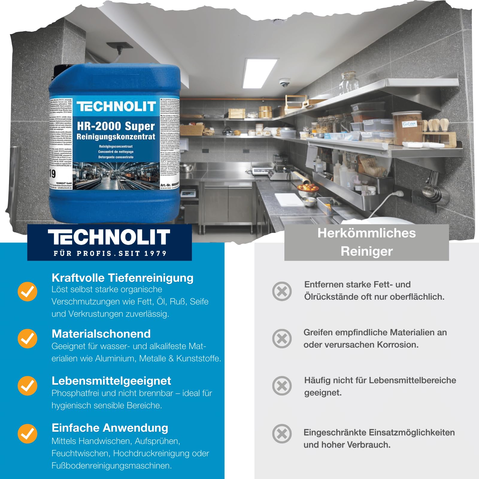 TECHNOLIT HR-2000 Super Reinigungskonzentrat 5L | Industriereiniger | Alkalisch gegen Fett & Öl | Für Metzgerei, Werkstatt, Boden | Materialschonend | Phosphatfrei | Konzentrat verdünnbar