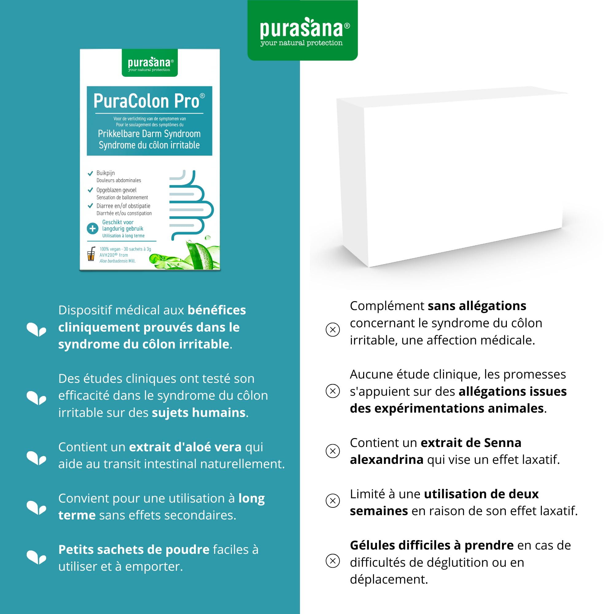 Purasana® PuraColon Pro – 30 Satchets avec 250mg Aloe Vera AVH200® – Soulage le Colon Irritable, la Constipation et Favorise la Detox du Colon