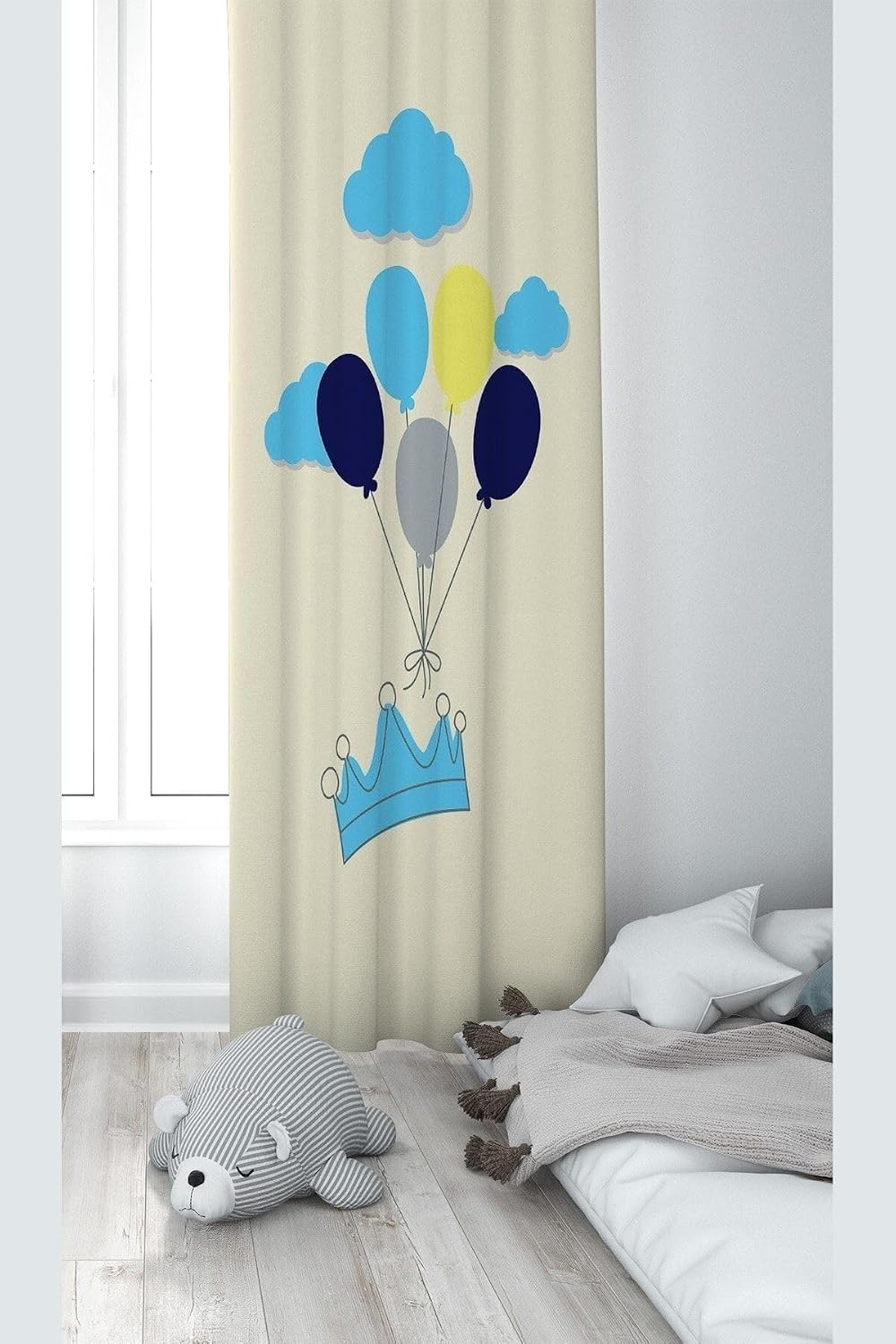 Pelangi Krem Taç Ve Balon Desenli Dijital Baskı Yıkanabilir Bebek Çocuk Odası Fon Perdesi, karışık renkli 70 x 240