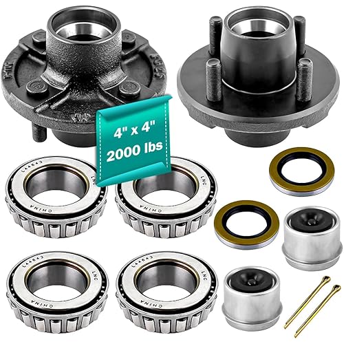 4 on 4 Trailer Hub Kit for 2000 lbs Axle, Fits 1" Trailer Axle, 4x4 Trailer Idler Hub Kit with Extra Cap & Rubber Plug,ONLY fits 2000lbs
