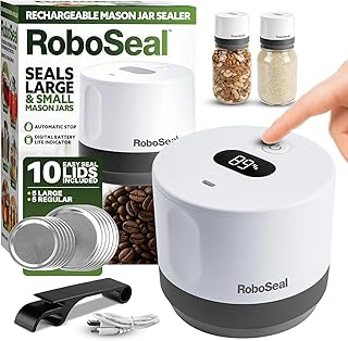 RoboSeal Rechargeable Mason Jar Vacuum Sealer for Mason Jars Wide & Regular Mouth, One Touch Operation, 10 Jar Lids and Jar Opener Included, Digital Battery Indicator, Preserves Foods 5x Longer