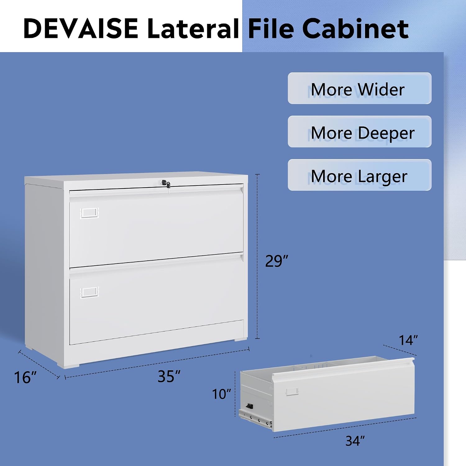 DEVAISE Metal 2 Drawer Lateral File Cabinet, Wide Filing Cabinet with Lock for Home Office School, Filing Organization Storage Cabinet for Hanging Files Letter/Legal/F4/A4 Size, White