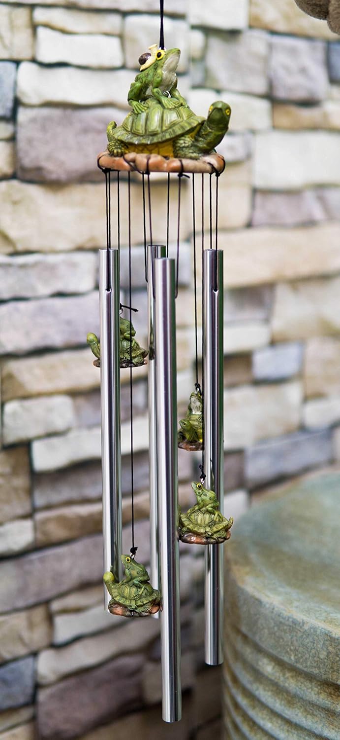 Ebros Gift Illegal Camper Green Frog and Snail Parking On Tortoise Shell Resonant Wind Chime Patio Garden Accent Resin with Aluminum Rods Frogs Toads Turtles Terrapins