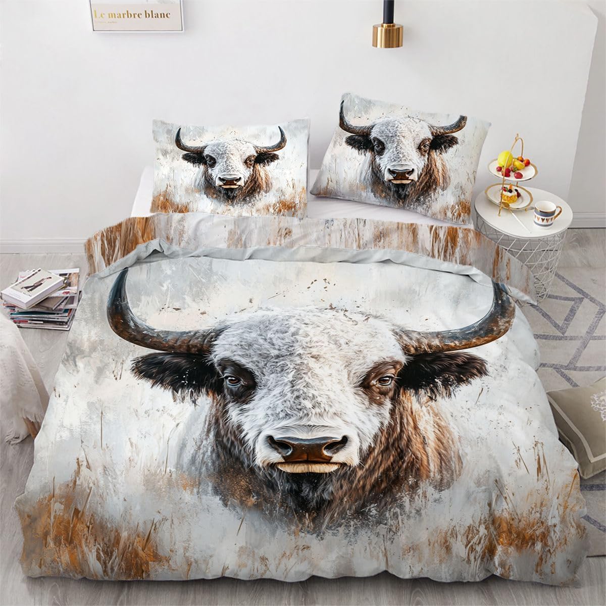 NDXRWDZR King Size Duvet Set White Buffalo Duvet Cover with Zipper Closure Bedding Set for Aldults Kids Soft Hypoallergenic Microfiber Quilt Cover 230x220 cm + 2 Pillowcases 50x75 cm