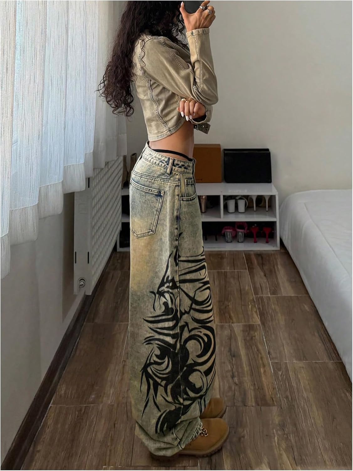 SOLY HUX Women's Y2k Wide Leg Jeans Retro Vintage Print Baggy Denim Pants with Pocket