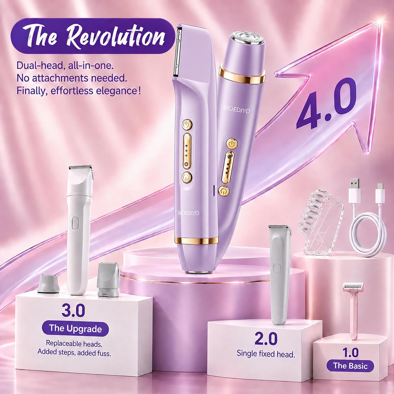 Bikini Trimmer for Women, Dual Head Electric Razor for Women, IPX7 Waterproof & Painless Bikini and Body Shaver, Pubic Hair Trimmer for Women Cordless Electric Shaver for Legs, Face & Underarms