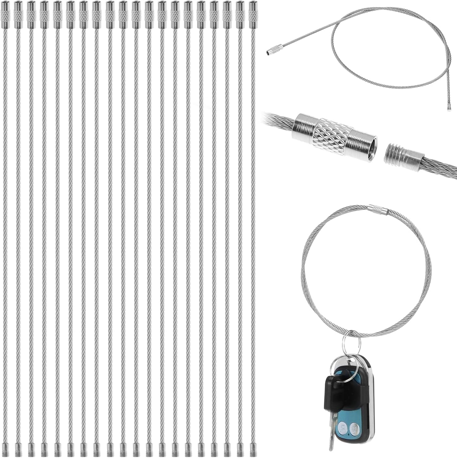 QWORK 20 Inch Large 304 Stainless Steel Wire Keychain Cable, 20 Pcs Key Rings with Screw Clasp 2mm Thick Twist Barrel Loop for Keys Luggage Tags Tools ID Badges Hanging Plants
