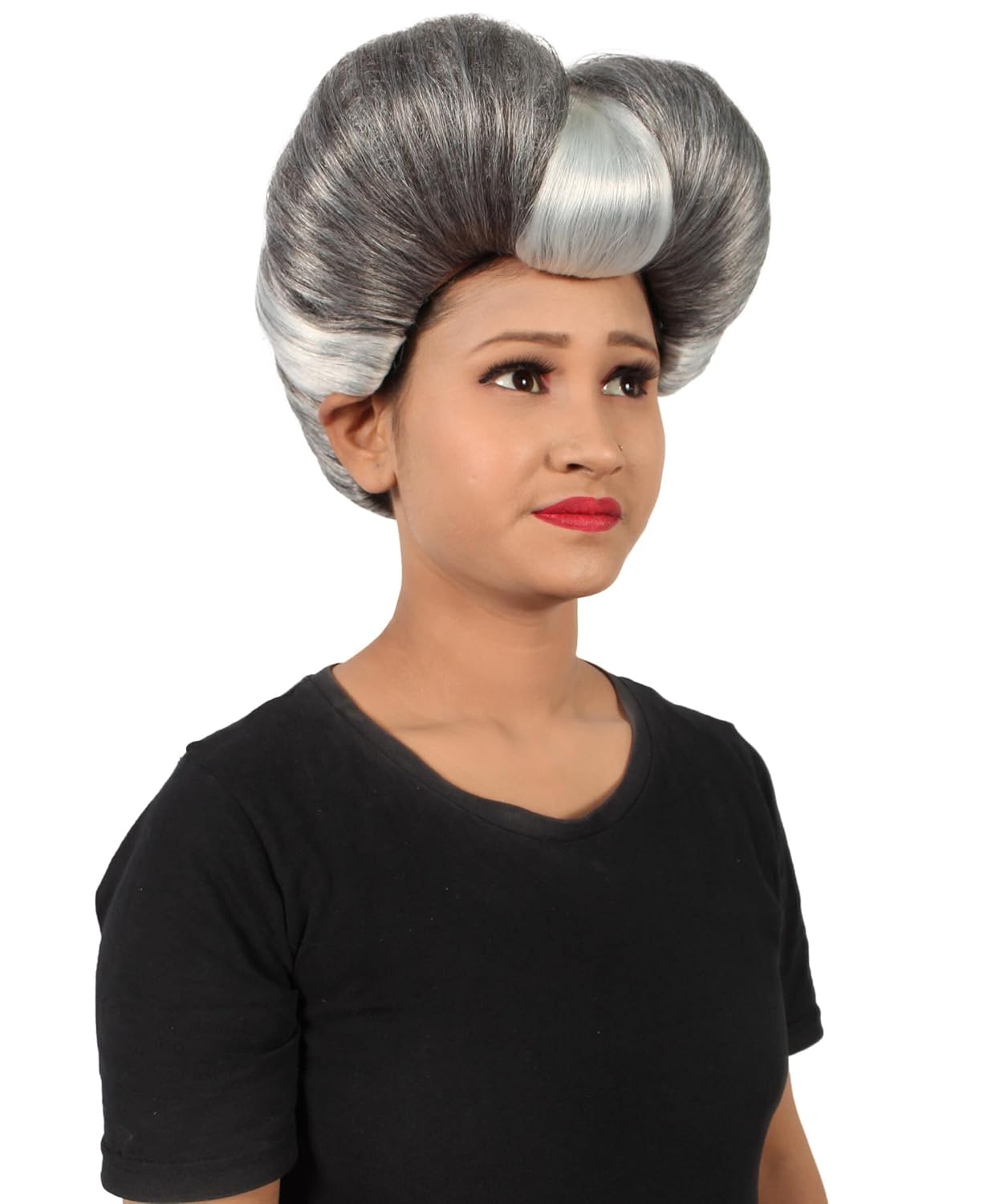 HPO Adult Women's Evil Stepmother Heart-shaped Pompadour Multiple Color Options Wig, Capless Cap Design for Comfort (Grey & Silver)