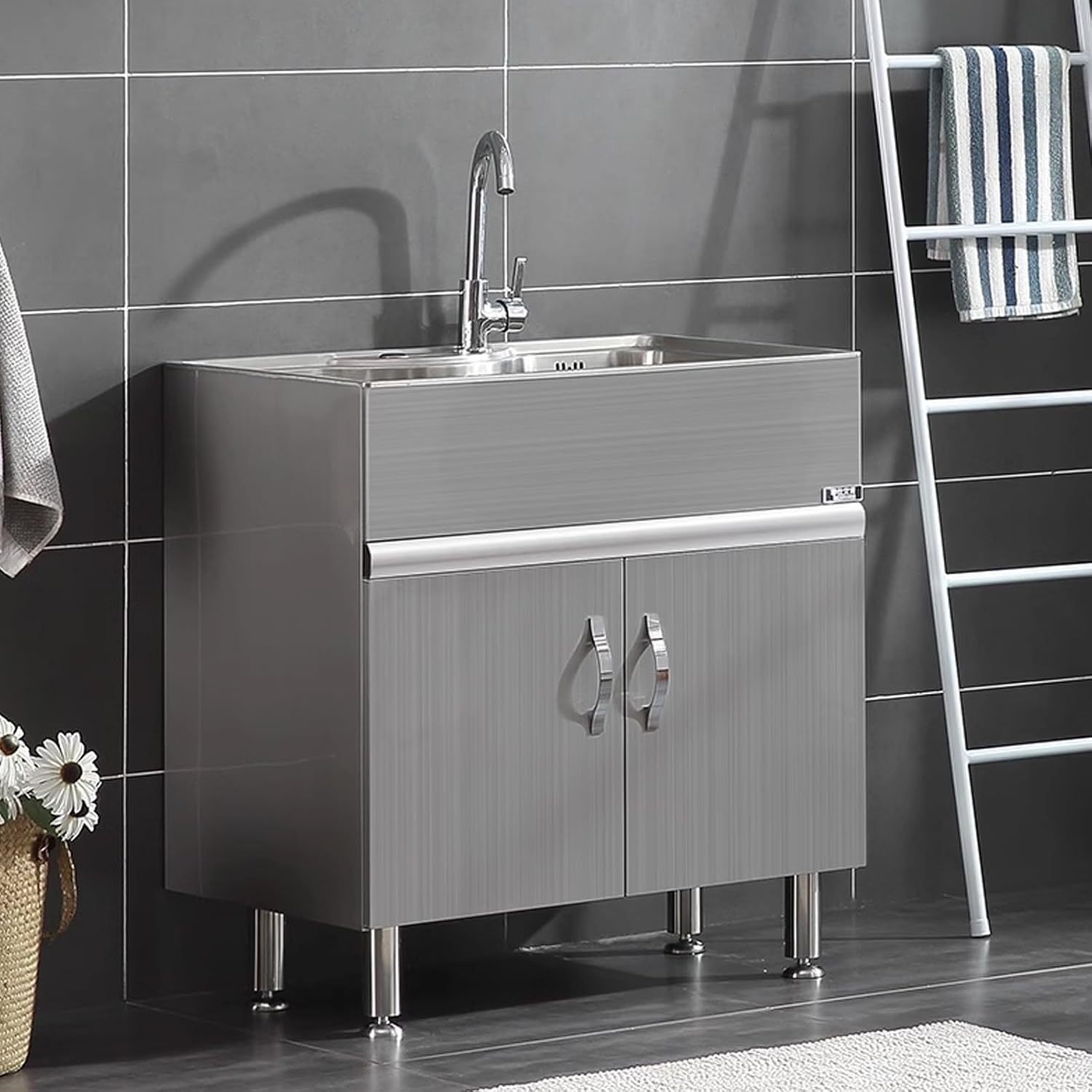 Utility Sink,Utility Sinks for a Laundry Room with Cabinet,Commercial Kitchen Sink,Freestanding Bathroom Sink,Pet Wash Station,Faucet and Drainage Pipe,Stainless Steel Material,Sturdy,High