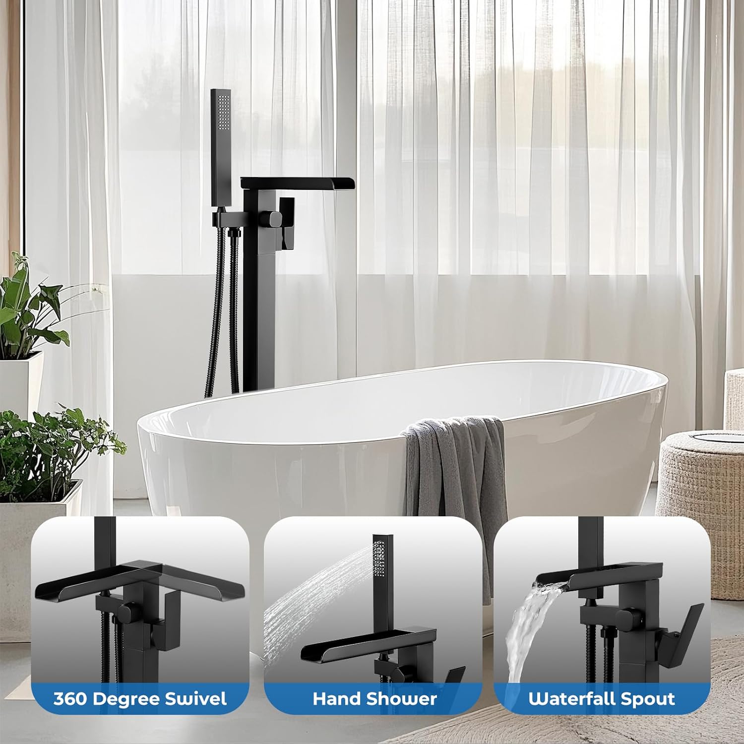 Faucet features: 360 degree swivel spout, handheld shower, and waterfall spout