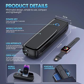 Portable Thermal Printer, Wireless & Bluetooth Mini Inkless Printer for Travel, Deep Black