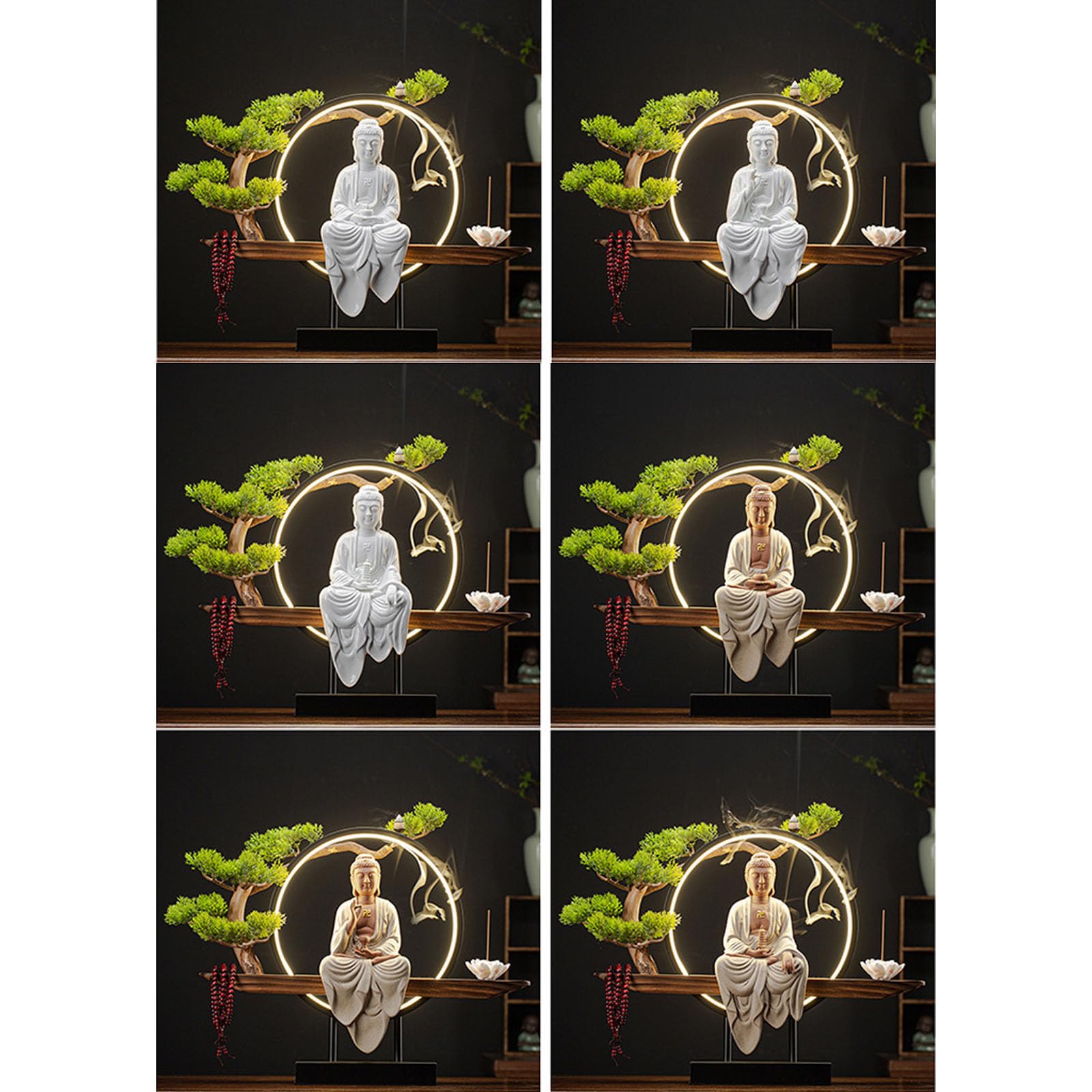 Buddhistische Statue mit Räuchergefäß, LED-Kreis, 3D-Wandleuchter, Zen-Licht für Wanddekoration im Wohnzimmer und Veranda