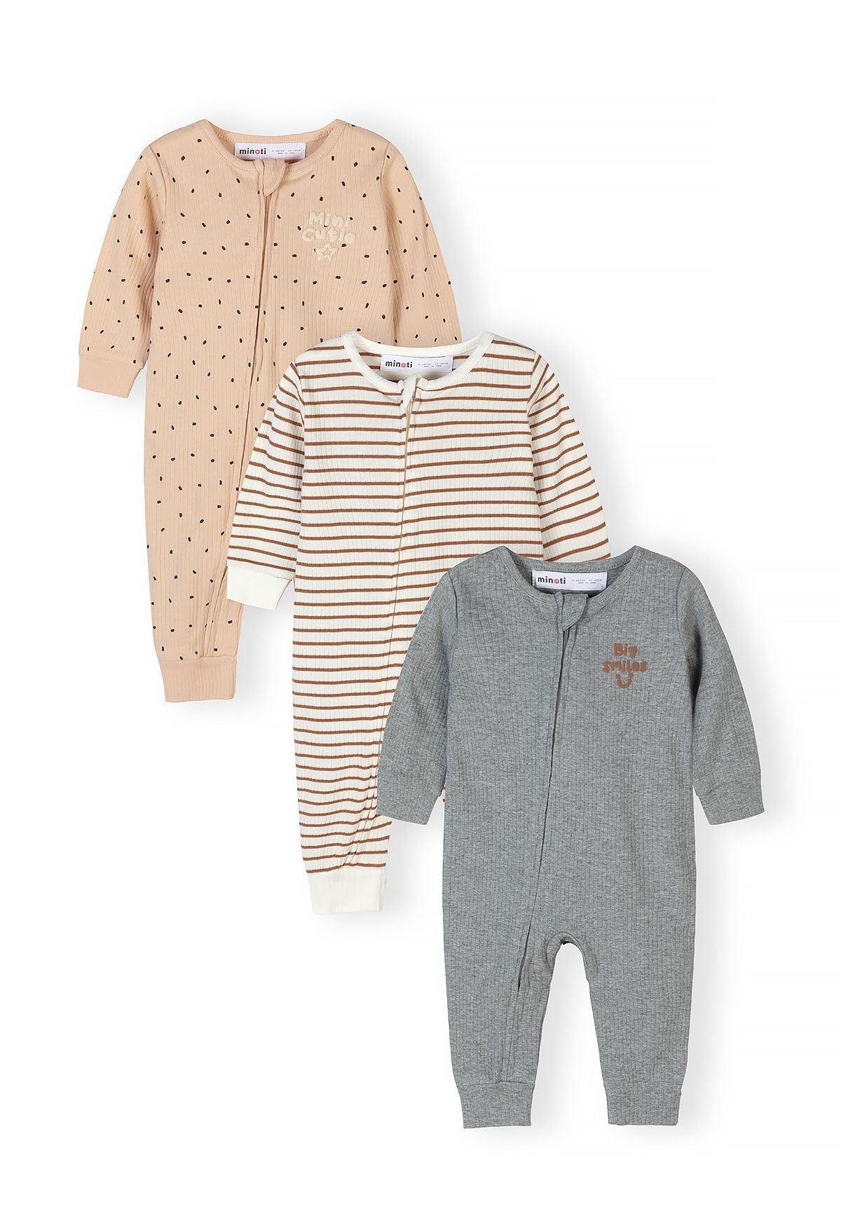 Minoti Jungen Baby Spielanzug 3er Pack 100% Baumwolle - Kinder Bodys mit Reißverschluss - Beige Ripp-Qualität
