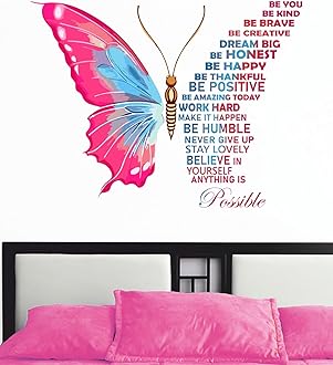 Decal O Decal Vinyl ' Blue Removable Butterfly With Motivational Quotes ' Wall Stickers (Pack Of 2, Pink Butterfly With Life Improvement Positive Quotes), 90 cms
