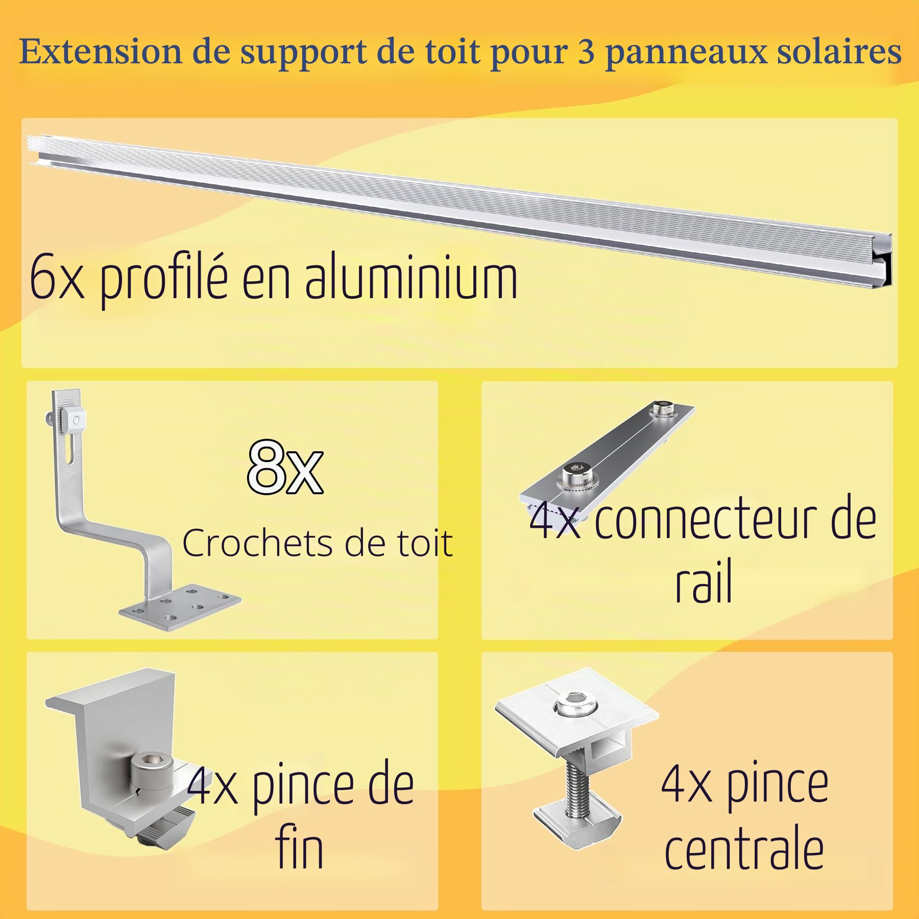 TEOV Kit de montage PV toit en tuiles avec rail de montage de 1240 mm et crochet de toit, support de panneau solaire avec pince d'extrémité et pince centrale de 40 mm, pour 3 panneaux solaires