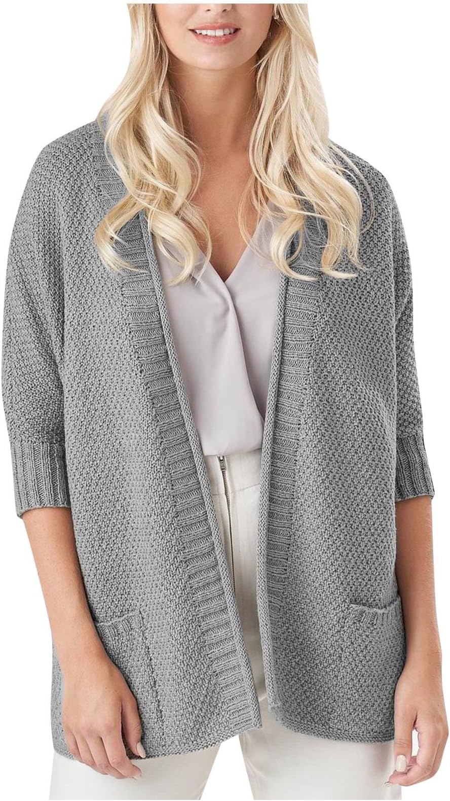 Fall Sweaters for Women 2024 3/4 Sleeve V Neck Plus Size Cardigan Solid Color Knit Sweater with Pocket Dressy Casual