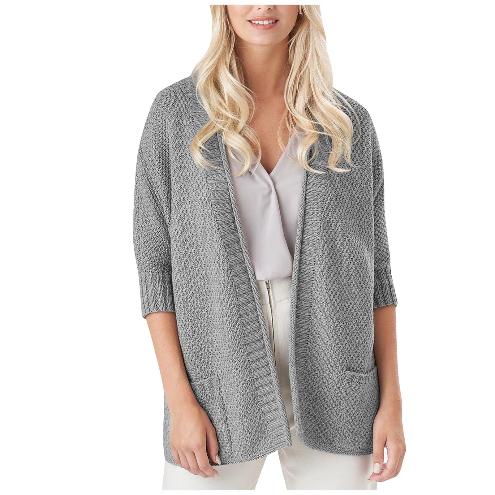 Fall Sweaters for Women 2024 3/4 Sleeve V Neck Plus Size Cardigan Solid Color Knit Sweater with Pocket Dressy Casual