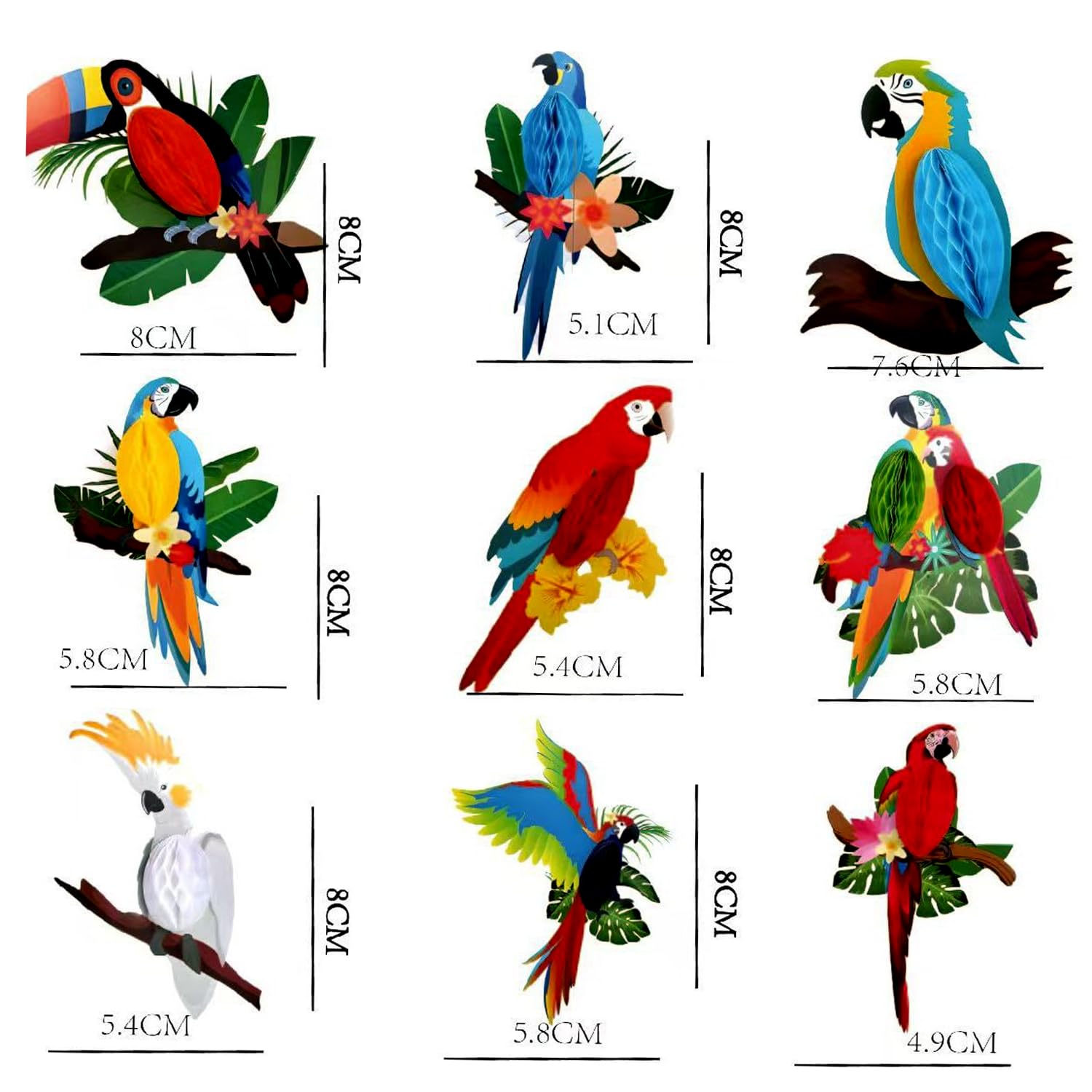 WUBAYI Paquete de 9 recortes de panal de abeja tropical 3D, accesorios colgantes de fiesta hawaiana para decoración de playa Luau, aula de safari y temática de selva