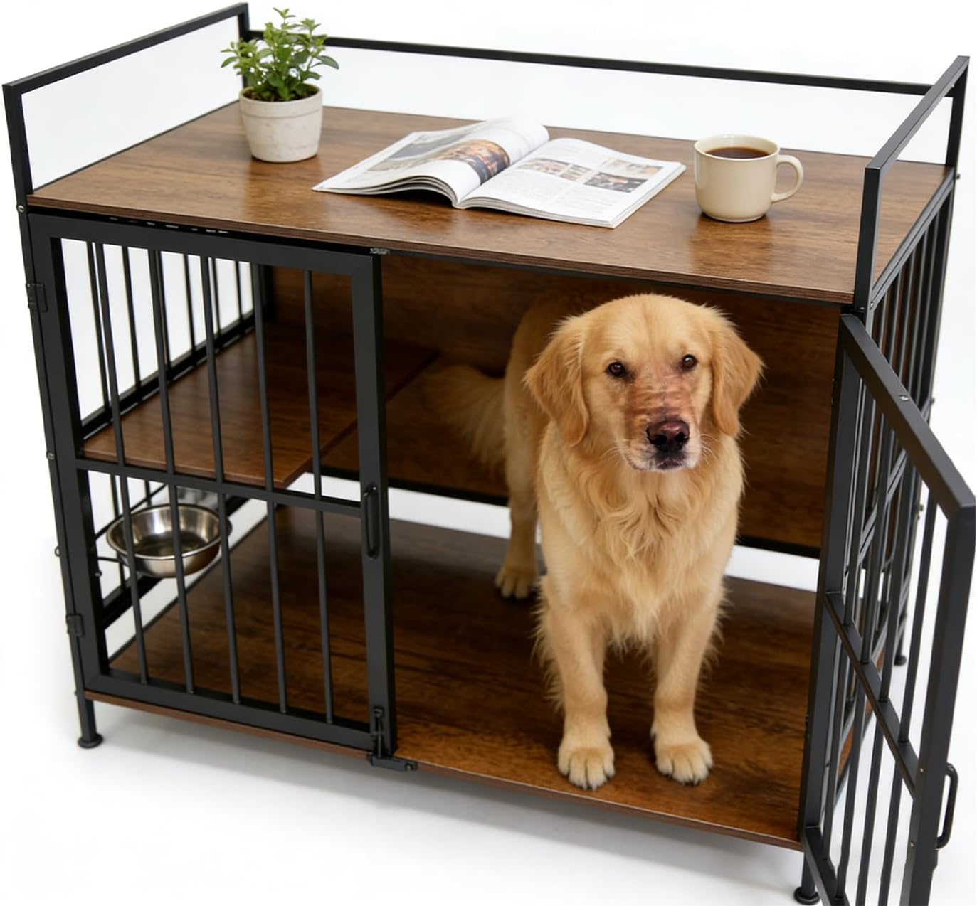 Heavy Duty Dog Crate Furniture with Feeders, Wooden End Table Kennel for Large & Medium Dogs, Chew Proof Indoor Pet Cage with Double Doors