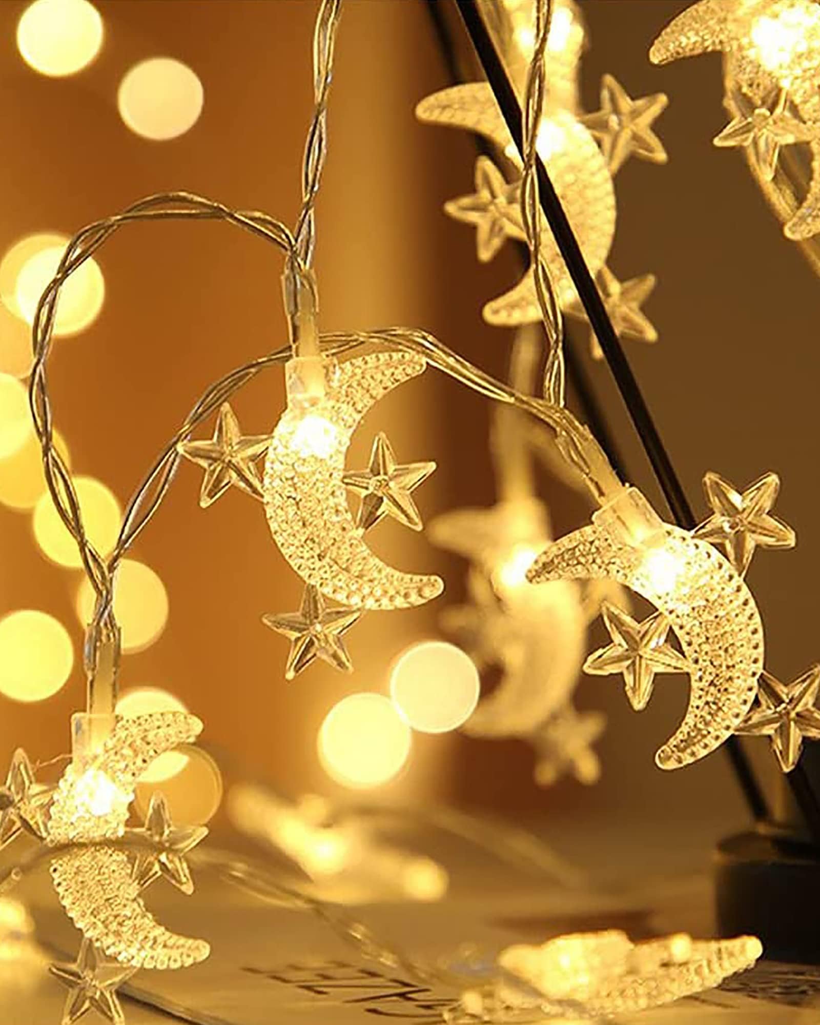 Homesakeยฎ 20-Led Fairy Lights for Room Decorations Copper String Lights Waterproof, Corner Light for Home, Festive Decor, Christmas Tree Light for Home (Moon 3 Star),5 Meters 2 Pin Plug