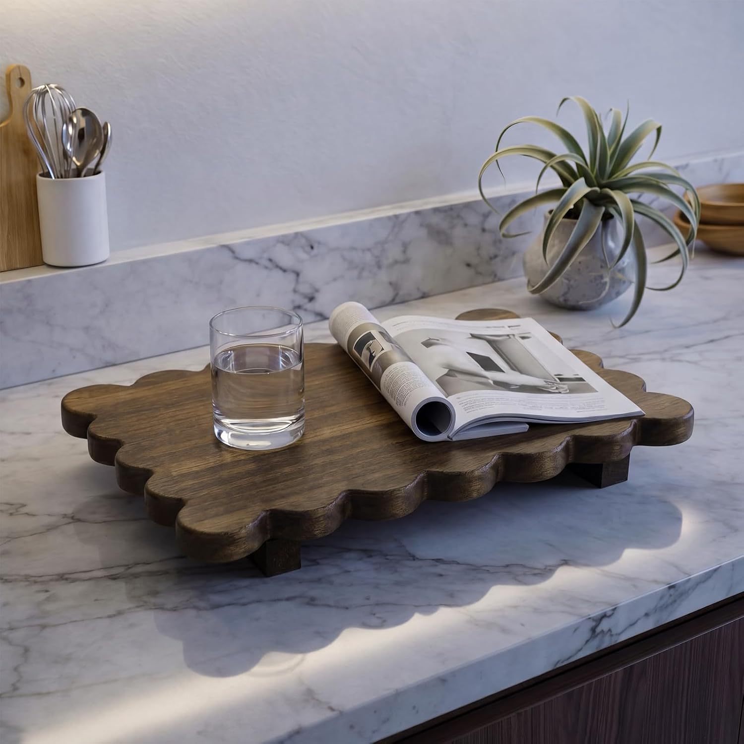 Yookeer Brown Scalloped Wood Riser Tray Soap Rustic Bathroom Decoration Scalloped Stand Soap Tray Wooden Decorative Pedestal for Bathroom Kitchen Dishes Plant Display Decor (11.6''X 7''X 1.4'',Square)
