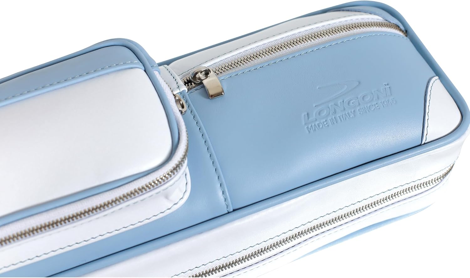 Longoni Giotto Dolcevita Luxury Leather Pool Carom Billiard Cue Case 4 x 8 | Soft Case • White/Light Blue color • Genuine Italian Leather • Holds 4 Butts & 8 Shafts • Handmade in Italy