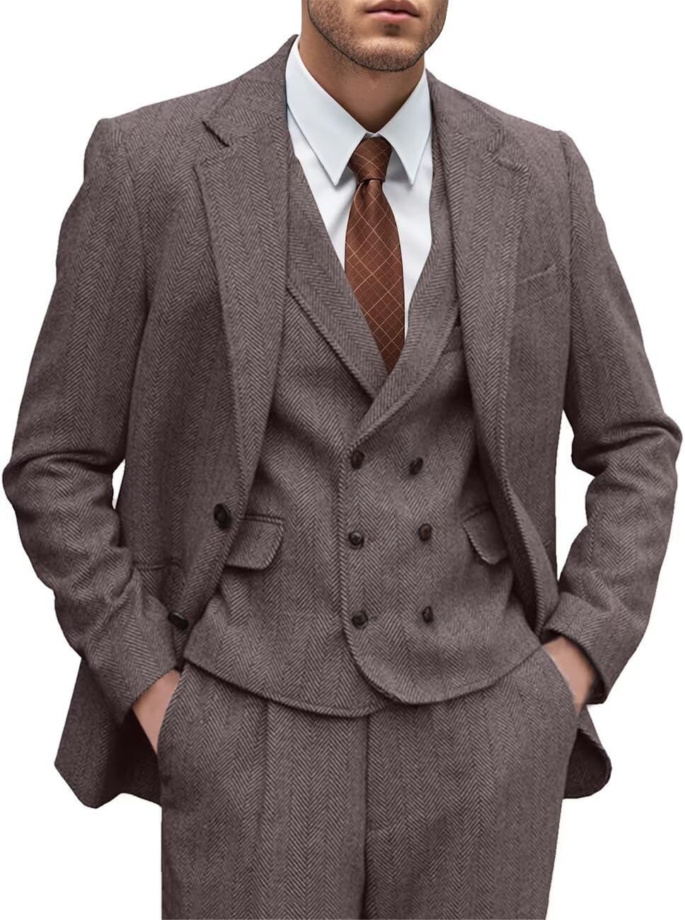 Mens Tweed Suit 3 Piece Slim Fit Herringbone Wedding Groomsmen Tuxedos Retro Jacket Double Breasted Vest Pants Set